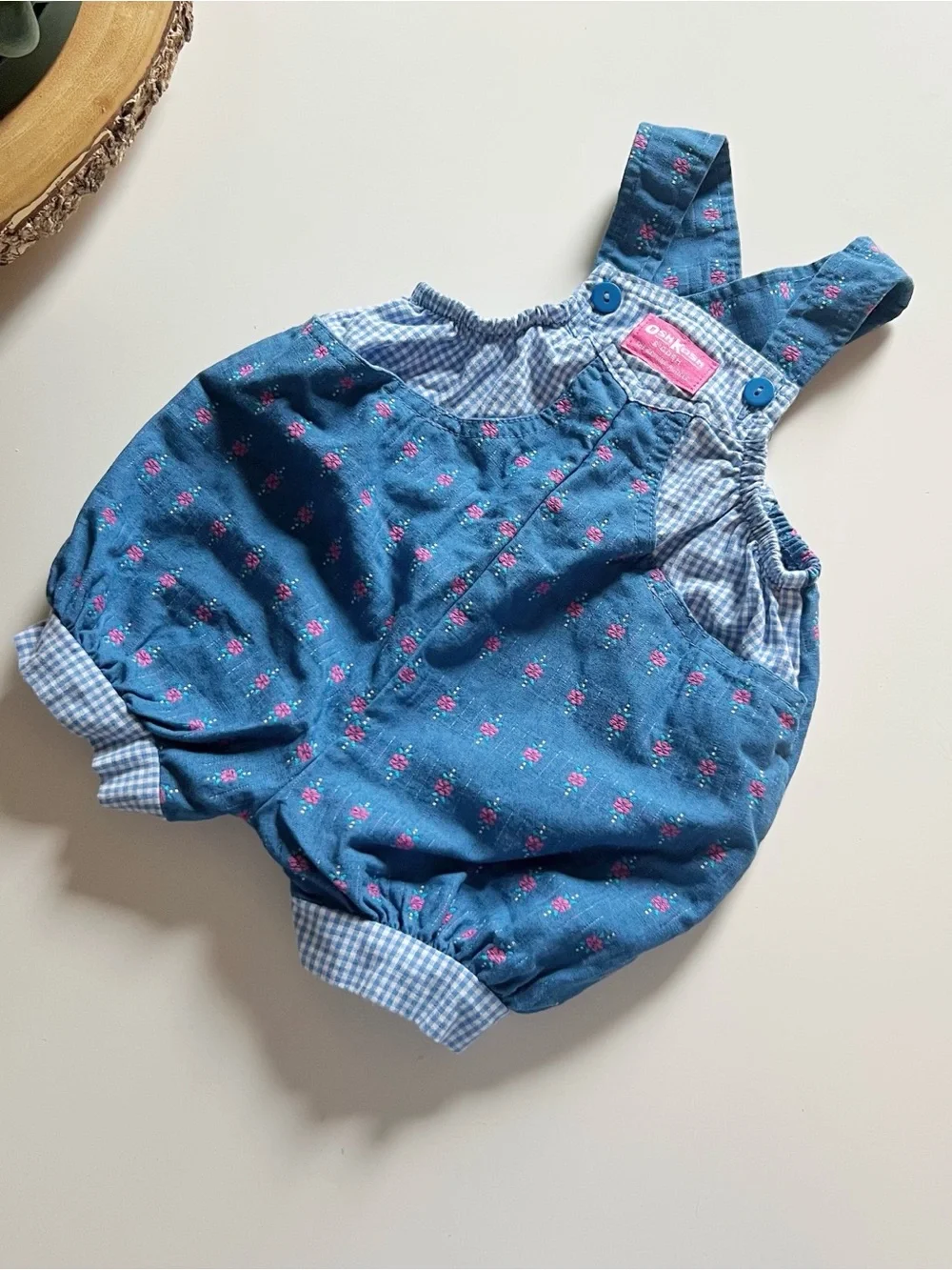 Vintage Oshkosh B’Gosh Denim Floral Overall Bubble Romper 12m USA Made